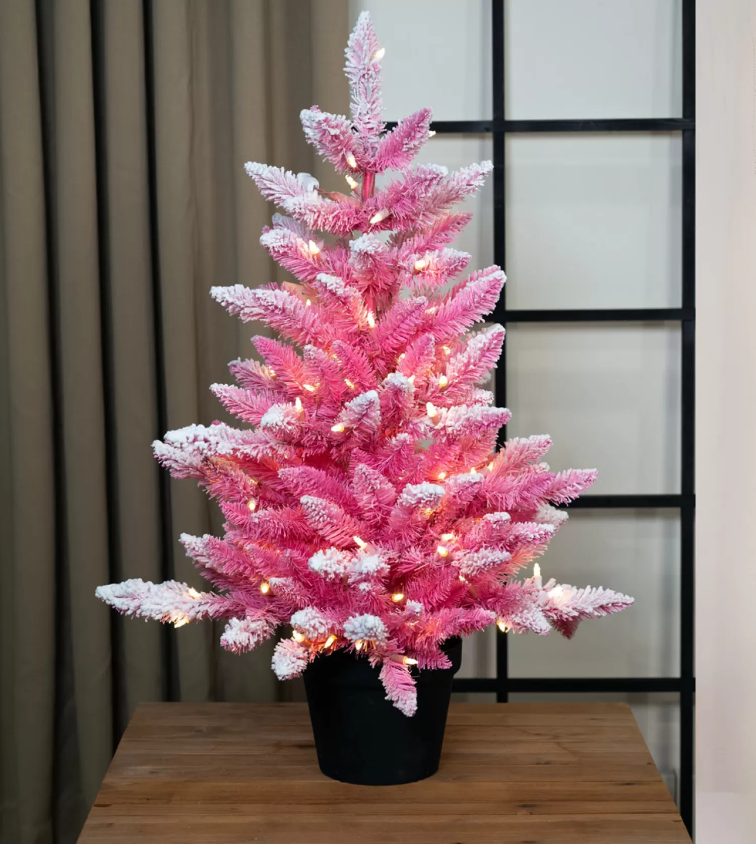 New Treetime 3' Flocked Over Pink Potted Tree - Clear LED