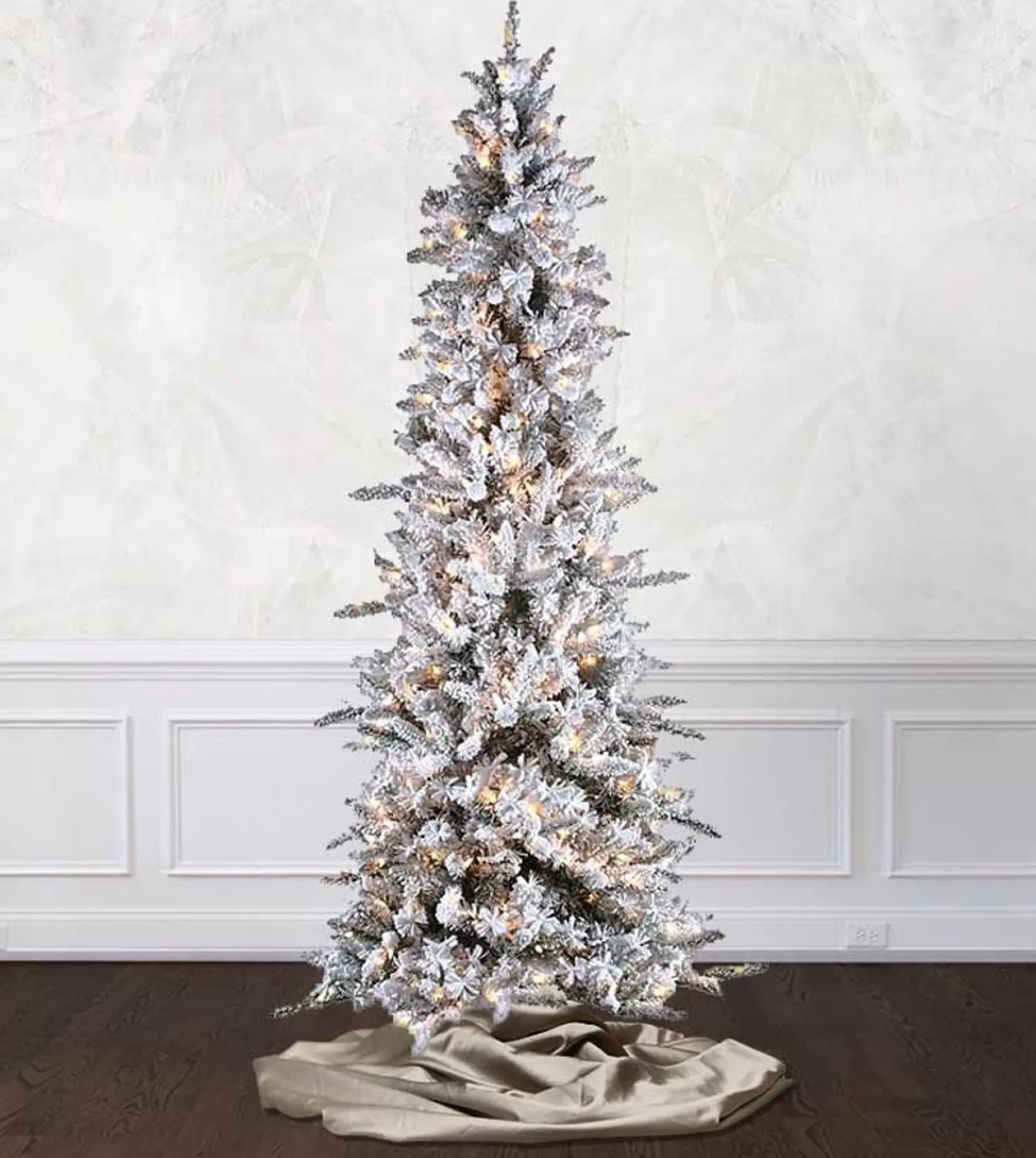 Store Treetime 9' Slim Flocked Pencil Pine Tree - Clear LED