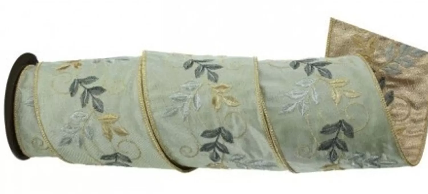 Discount Treetime Green Dupion Botanical Leaf Garland Ribbon 4"x5yd