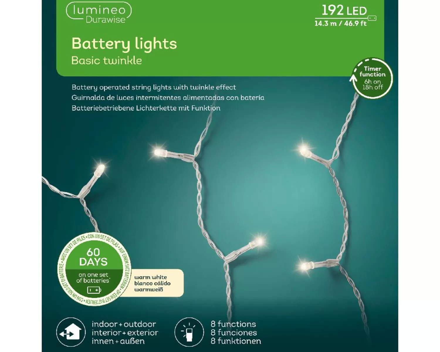 Outlet Treetime LED Battery Operated Warm White 46.9ft. Light Set With Translucent Wire