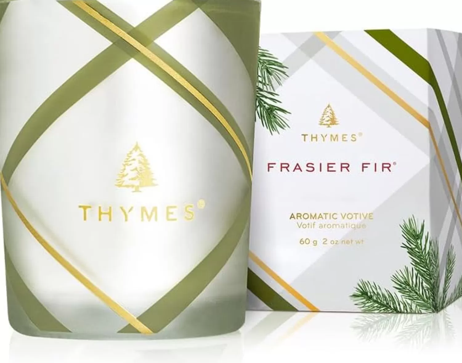 New Treetime Thymes Frasier Fir Frosted Plaid Votive 2oz.